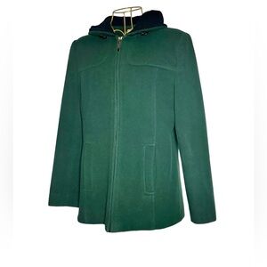 Preston & York Wool Coat in Rich Green with Pockets, Full Zip, & Hood, Small